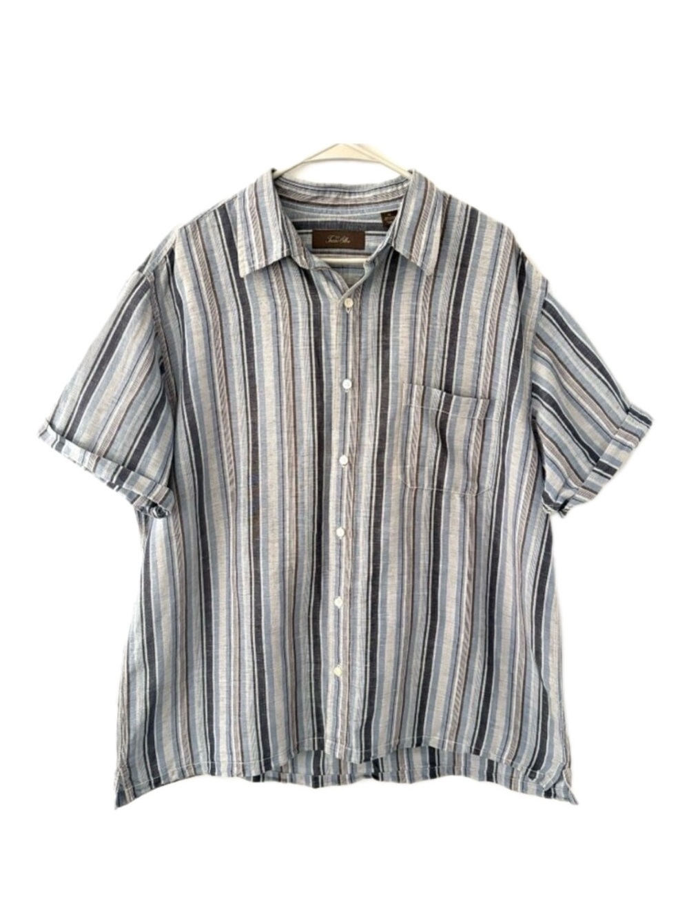 Tasso Elba Men’s XL Linen Cotton Blend Button Up Striped Shirt Blue Brown